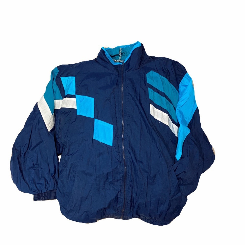 Retro 80s style blue color-block windbreaker
